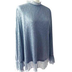 ✨ Alfani Metallic Ruffle-Neck Blouse – Silver, Size Large, Excellent